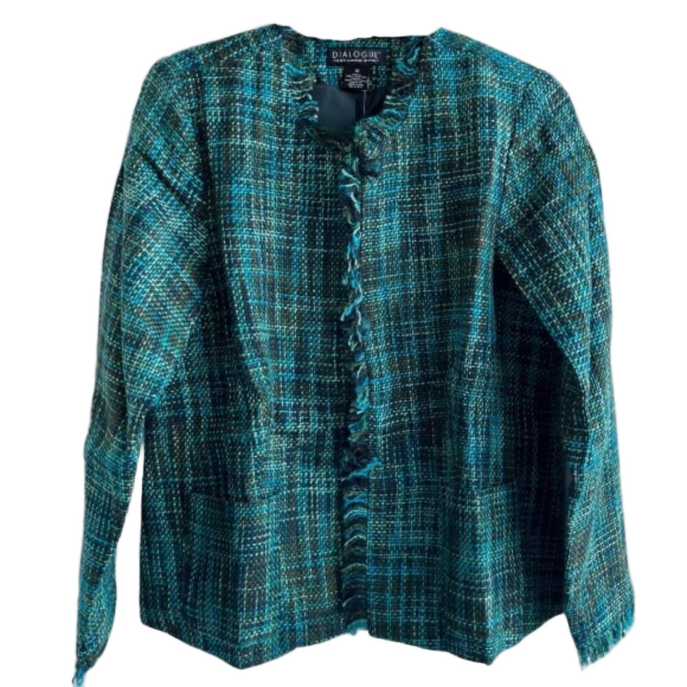 Dialogue Teal Tweed Jacket Size 10 Fringe Trim Pockets Lined Career NEW W TAGS